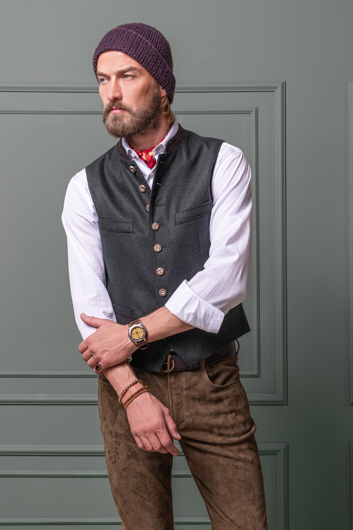Habsburg Herrengilet Friedrich in grünem Flanell von vorne