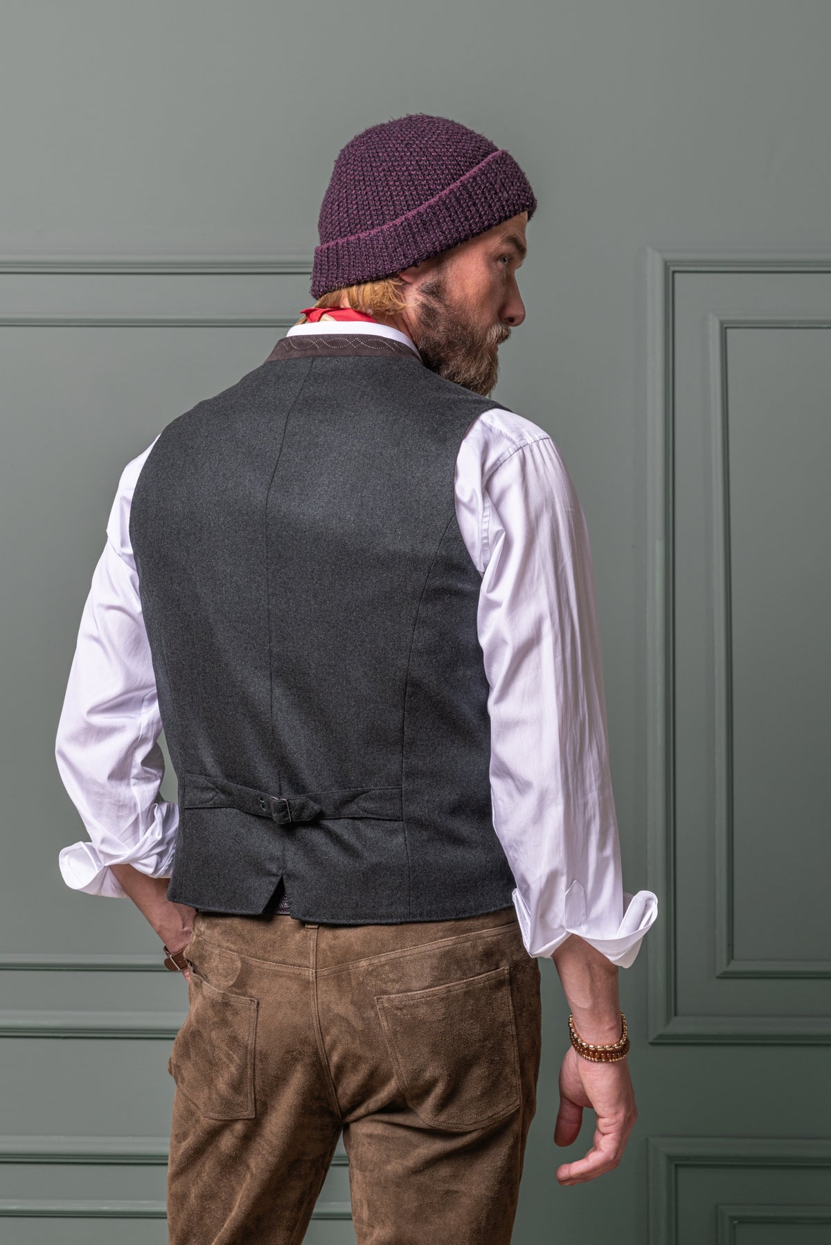 Detailaufnahme Rücken Habsburg Herrengilet Friedrich in grünem Flanell